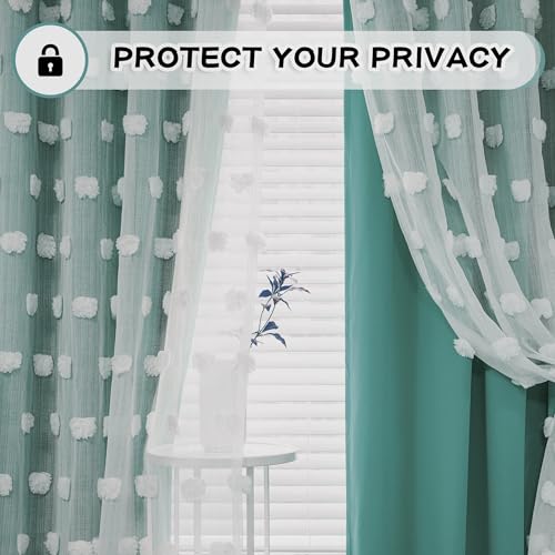 Image of MYSKY HOME 90 Inches Long Teal Curtains for Living Room Nursery Curtains for Bedroom Double Layer Curtains White Pom Pom Sheer Curtains for Dining Room Grommet Room Darkening Window Panels W52 X L90