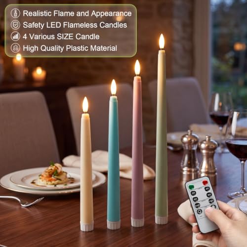 Image of Rossesay 16 Pcs Macaron Flameless Taper Candles Battery Operated Candles with Remote Timer 8.5 inch 9.6 inch 10.8 inch 12.8 inch Multiple Sizes LED Flickering Candlestick for Wedding Party Centerpieces Decor