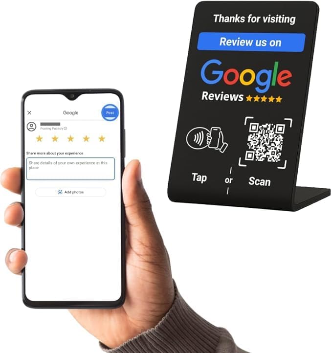 NFC Tap Google Review Stand - Boost Customer Feedback with Tap & Scan QR - No App, No Subscription - Works on iPhone & Android (Black 4.1"x2.7" 1-Pack)