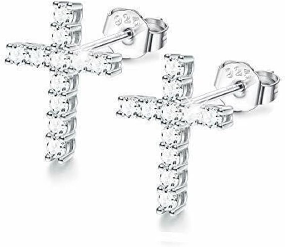 Round Cut White Diamond 925 Sterling Silver 14K White Gold Over Diamond Cross Stud Earrings for Women's