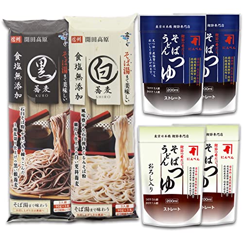 【Amazon.co.jp限定】にんべん はくばく そば・そばつゆセット (そば湯まで美味しい蕎麦 2種×各1袋 そばうどんつゆ2種×各2個) [2~3人前]