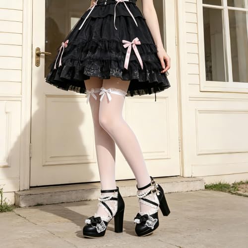 Image of FOREADA Lolita Shoes Platform Mary Jane Heels Kawaii Bow Lace Pearl Pumps | Vintage kawaii lolita styling ideal for dresses, with bead, lace, bow, ankle strap, pink, white and classic black colors