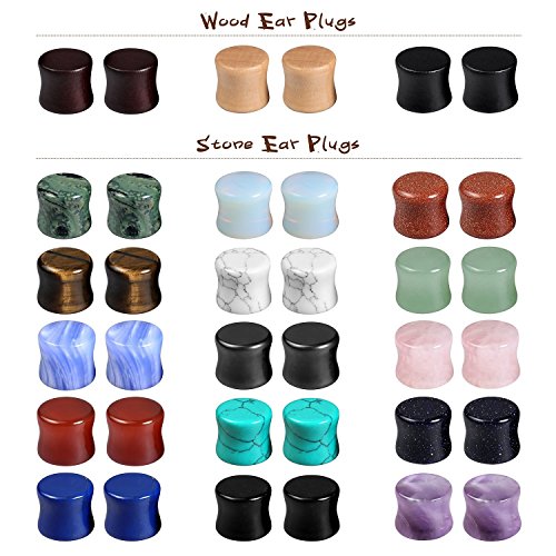 Wood Mixed Stone Ear Plugs Ear Gauges Double Flared Saddle Stretching Gauge Expander (18 Pairs/36 Pieces,00g-14mm)2