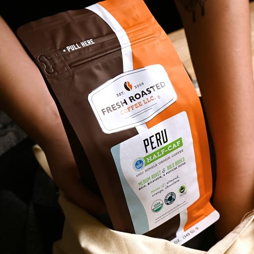 Image of Fresh Roasted Coffee, Organic Peru Water-Processed Half-Caf Drip Ground Coffee, Medium Roast, USDA Organic, 3rd Party Tested for Mold, Mycotoxin & Pesticides, Kosher, 12 oz