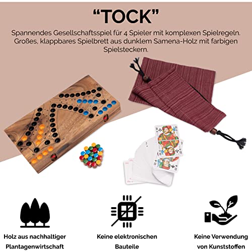 LOGOPLAY Tock für 4 Spieler - Gesellschaftsspiel mit Spielkarten - Brettspiel aus Holz mit zusammenklappbarem Spielbrett