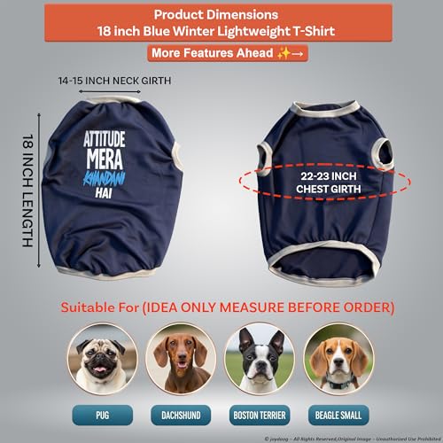 Image of JoyDaog Cozy Dog Winter Coat Blue Color 18 Inch(L)- inchAttitude Mera Khandani Hai inch Printed Soft Cotton Trendy Apparel for Medium Breeds | Indoor & Outdoor
