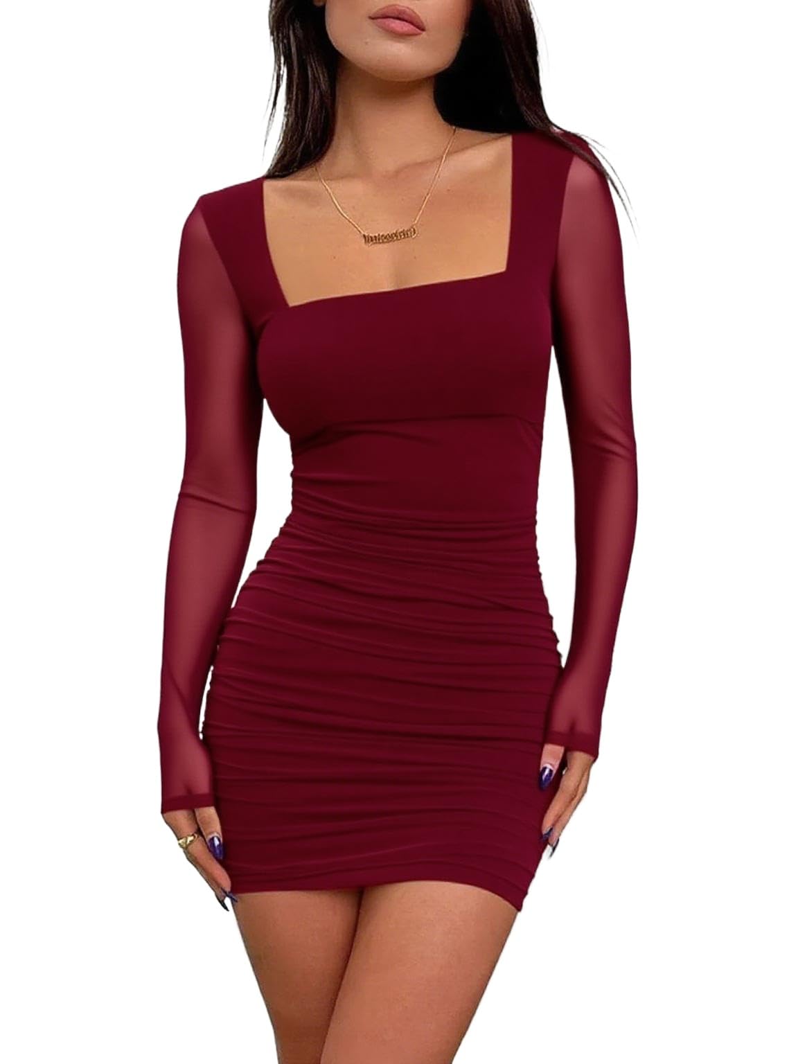 ELFIN Robe Moulante en Maille à Manches Longues pour Femme Sexy Col carré Volants Robes Crayon Mini Tube de Club Dress Cocktail