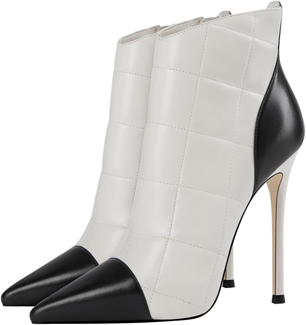 FOWT Women Two Tone Pointed Toe Ankle Boots Stiletto High Heel Short Booties Side Zipper Dance Party Shoes Size 4-16 US
