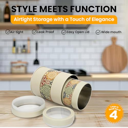 Image of Mandala Collection Airtight Kitchen Container Set| 450ML+1100ML- Set of 4| Food Grade Metal Jars for Spices, Cookies, Millets & Dry Food Storage| Vacuum Lid, Rust Resistant| Beige Rangoli