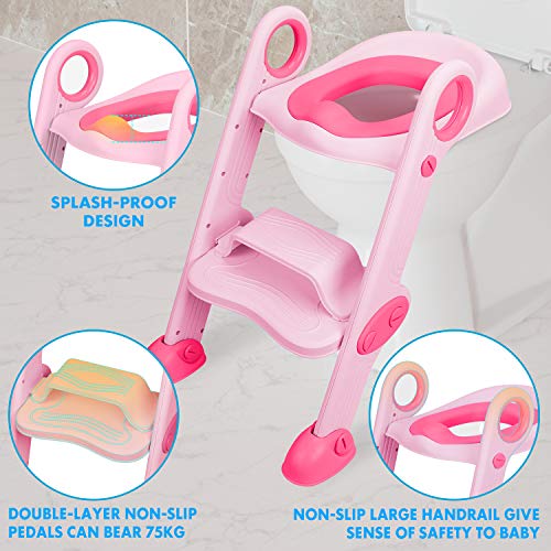 NEARPOW Töpfchen-WC-Sitz mit Trittleiter, verstellbares Baby-Kleinkind-Kindertrainer mit weich gepolstertem Kissen, robust, rutschfest, für 1-7 Kinder (Pink) - Image 4