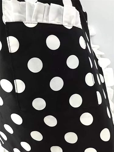 Miniatura 5 de Hyzrz Lindo delantal retro negro con lunares retro con volantes laterales, delantales de cocina vintage con bolsillos para mujeres y niñas (lado