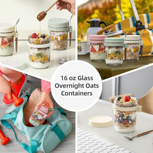 Image of Overnight Oats Containers with Lids and Spoons, 16 oz Glass Mason Overnight Oats Jars, Large Capacity Airtight Jars for Milk, Cereal, Fruit PACK OF (1) multi colour