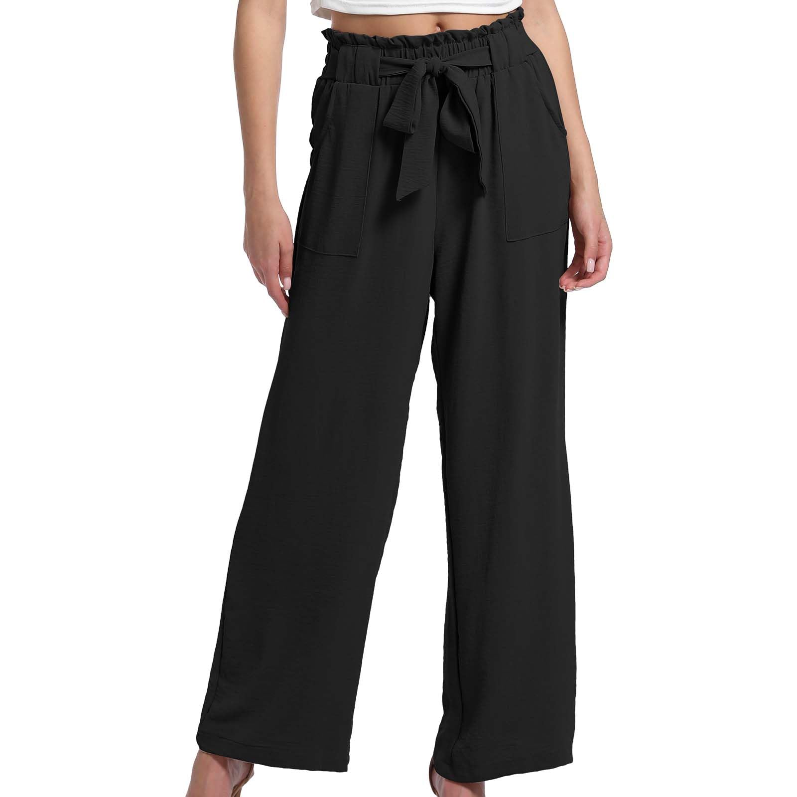 Womens Wide Leg Pants with Pockets High Waist Adjustable Knot Loose Casual Trousers Business Work Casual Pants Solid