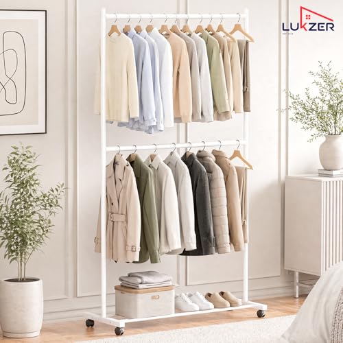 Image of Lukzer Double Rod Garment Rack with Wheels | MGS-006 / White | Heavy-Duty Metal Clothes Stand Organizer with Bottom Shelf | Rolling Clothing Rack for Bedroom, Laundry & Boutique (183 x 110 x 40 cm)