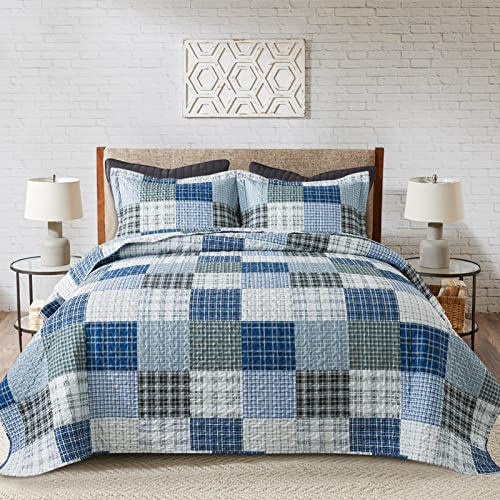 Vaputar Queen Size Quilt Bedding Set - 3 Pieces Quilt Queen Size, Plaid Queen Quilt Bedding Set, All-Season Lightweight Reversible Coverlet, Queen Bedspread For Farmhouse Bedroom (Blue/White) #TOP10