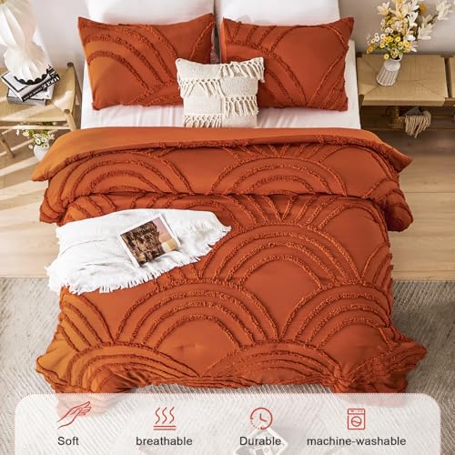 Image of ENJOHOS Burnt Orange Twin Comforter Set, 2 Pieces Boho Style Comforter, with Tufted Rainbow Pattern, Lightweight Fluffy Microfiber Comforter for All Season, with 1 Pillowcase
