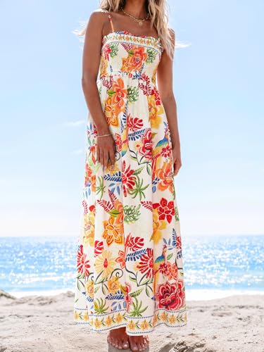 Image of CUPSHE Women's Floral Maxi Dress Spaghetti Strap Summer Boho Beach Dress Smocked Sundress Casual Vacation Flowy Long Dress