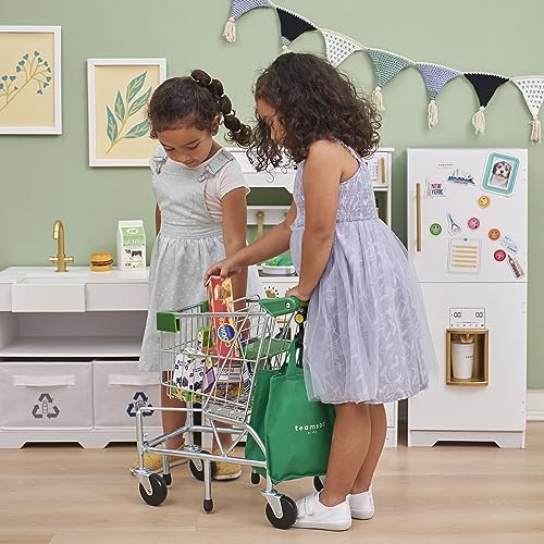 Teamson Kids Little Helper Dallas Play Shopping Cart with Fold-Out Seat, Pretend Food, Grocery Bag - for 3yrs and Up, Pretend Play Store, Chrome/Green