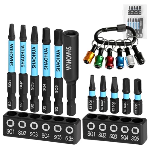 SHAOHUA 10PCS Square Drive Bits with Drill Bit Holder Key Chain, S2 Alloy Steel Screwdriver Set, 2.36"&0.98"Long Magnetic Square Head Screwdriver, Robertson Driver Bits Sizes #1, 2, 3, 4 and #5