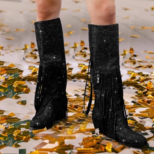 Goserce Rhinestone Fringe Cowboy Boots For Women Ladies Mid Wide Calf Tassel Sparkle Cowgirl Western Boots Bling Glitter Pointed Toe Stacked Chunky Heel With Half Side Zipper Dressy Wedding Prom Black,9 thumb #6