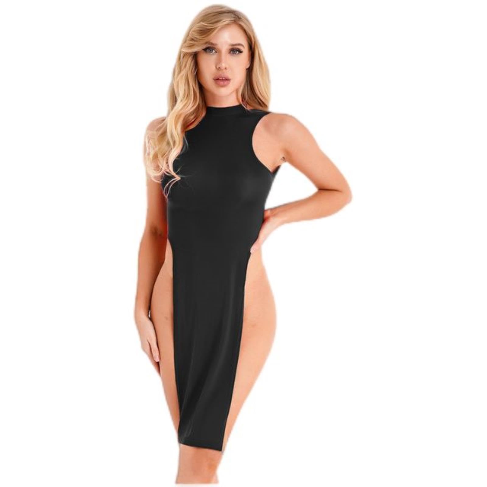 Wszjln Women's Black Sexy Dress Halter Mini Dress With Leg Split Lingerie Sleeveless Bodycon Dresses Sexy Sleeveless Babydolls Nightwear-,One Size