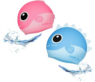 Toddler Swim Cap for Boys & Girls Ages 3m-5y, Waterproof Silicone Kids Swimming Hat for Long & Short Hair, Cute Cartoon Blue Shark & Pink Fish Bathing Cap for Baby, Infants, Toddlers, 1 pcs/Pack