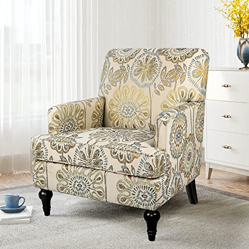QHITTY Mid Century Upholstered Accent Armchair with Wood Legs and Thick Cushion, Modern Accent Chair High Back Rest and Armrest, Leisure Single Sofa Chair for Bedroom/Home Office (Sun Flower)
