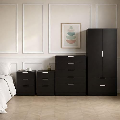 Image of Vida Designs Trega 4 Piece Bedroom Set (3 Drawer Bedside Chest x2, 5 Drawer Chest, 2 Door 2 Drawer Wardrobe) Black