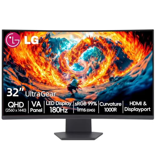 Image of LG 32 inch Ultragear QHD Curved Gaming Monitor, 180Hz, 1ms, AMD FreeSync, 1000R Curve, HDR10, 99% sRGB, Black Stabilizer, Dual Controller, DisplayPort & HDMI, 3-Side Borderless, Tilt Adjustment, Black