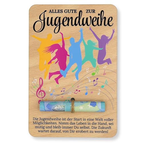 ZUKLA Verpackung f&uuml;r Geldgeschenke Jugendweihe - 15 x 10 cm - Geschenk f&uuml;r Jungen & M&auml;dchen - bunter Druck Geldgeschenk Verpackung Holz