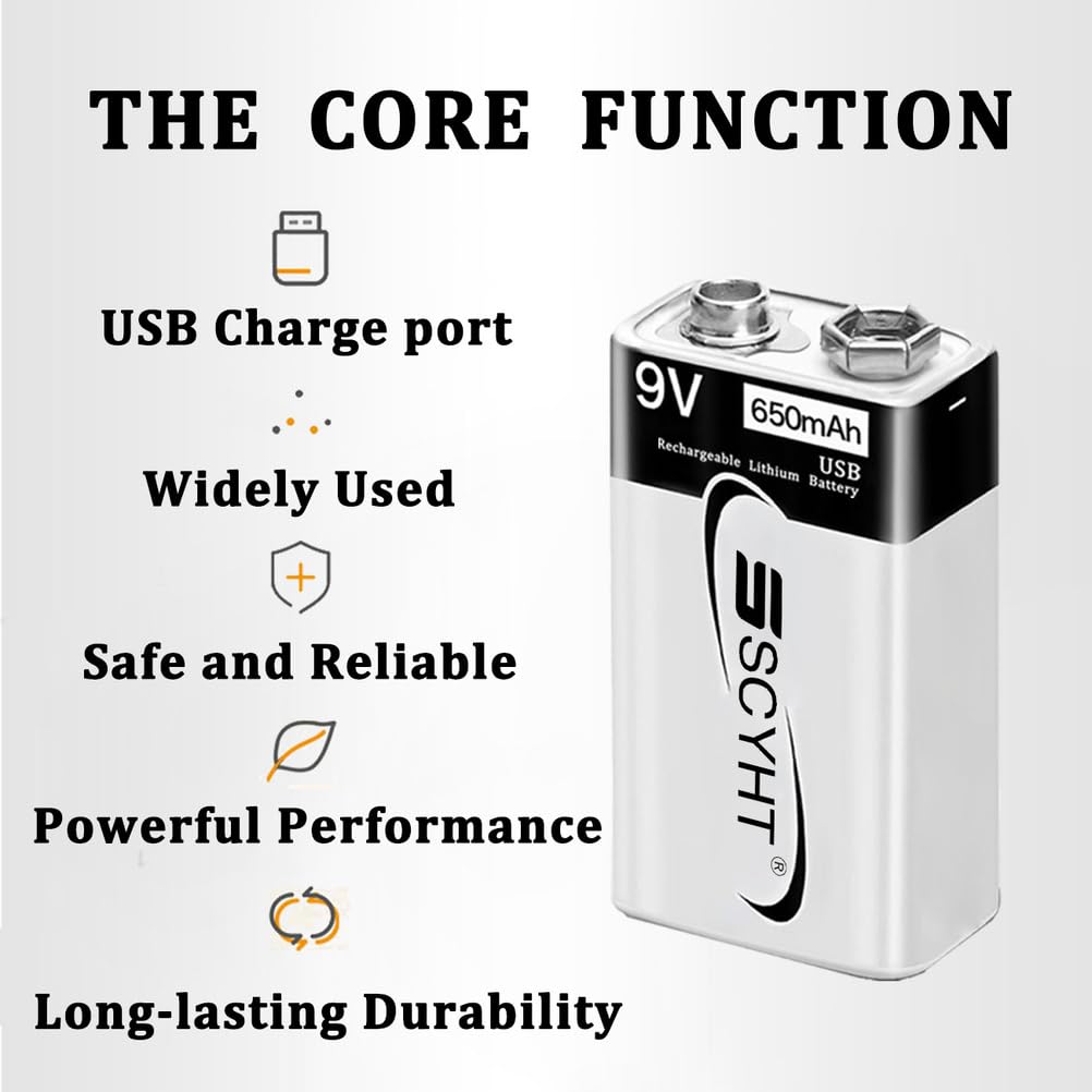 Akumulator litowo-jonowy 9 V akumulator USB, 650 mAh baterie litowe do czujnika dymu 9 V kwadratowe baterie z kablem typu C, szybkie ładowanie 1 godz.,9v650mah 8pack