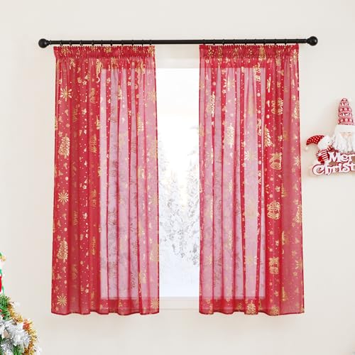 PONY DANCE Cortinas Navideñas Visillos Cortos para Ventanas 140x160cm Cortinas Dormitorio Cortas para Riel Cortinas Transparentes con Aspecto de Lino Cortinas Comedor 2 Piezas, Rojo