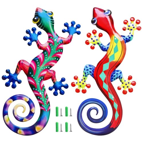 EEEKit 2PCS Large Metal Gecko Wall Art Decor, 15in Creative Lizard Wall Hanging Decoration for Indoor Outdoor Garden Patio Fence Home Bedroom Ornaments