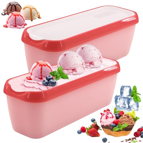 PZJFH Lot de 2 bac a glace maison, 1,5 L boîte pour glace maison, Récipients Réutilisables pour la Crème Glacée faite Maison, Sans BPA en qualité alimentaire (rouge clair)