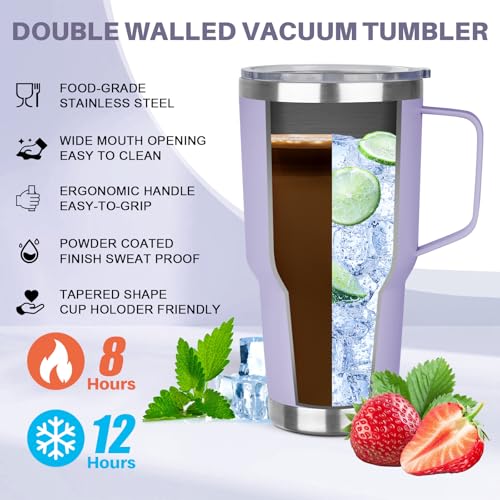 Image of 30 oz Tumbler with Handle, Stainless Steel Insulated Tumbler with Lid and Straw, Double Wall Vacuum Insulated Coffee Mug Tumbler, Insulated Coffee Thermal Cup for Cold and Hot (Light Purple)