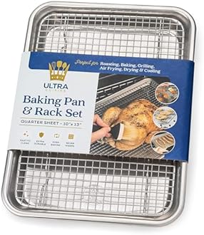 Ultra Cuisine Quarter Sheet Pan with Wire Rack Set - Includes Premium Aluminum Baking Sheet with 100% Stainless Steel Baking Rack, Cookie Cooling Racks with 1/4 Pan Commercial Quality