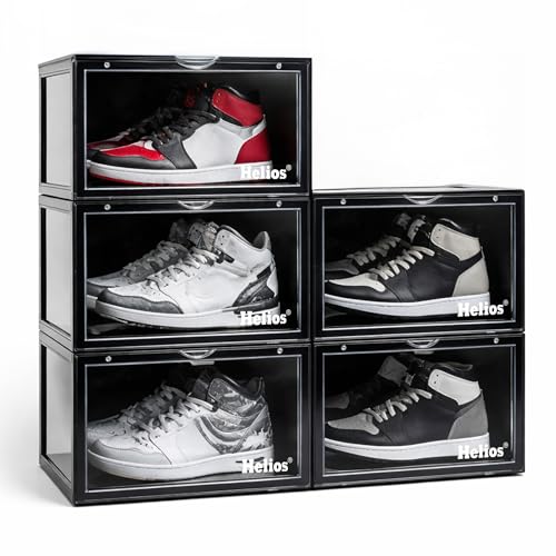 Image of Helios Stackable Shoe Storage Boxes Side Drop || Shoe Rack || Shoe Organizer || Shoe Boxes Smoke Black Plastic Stackable Shoe Containers(Black, Pack of 5)