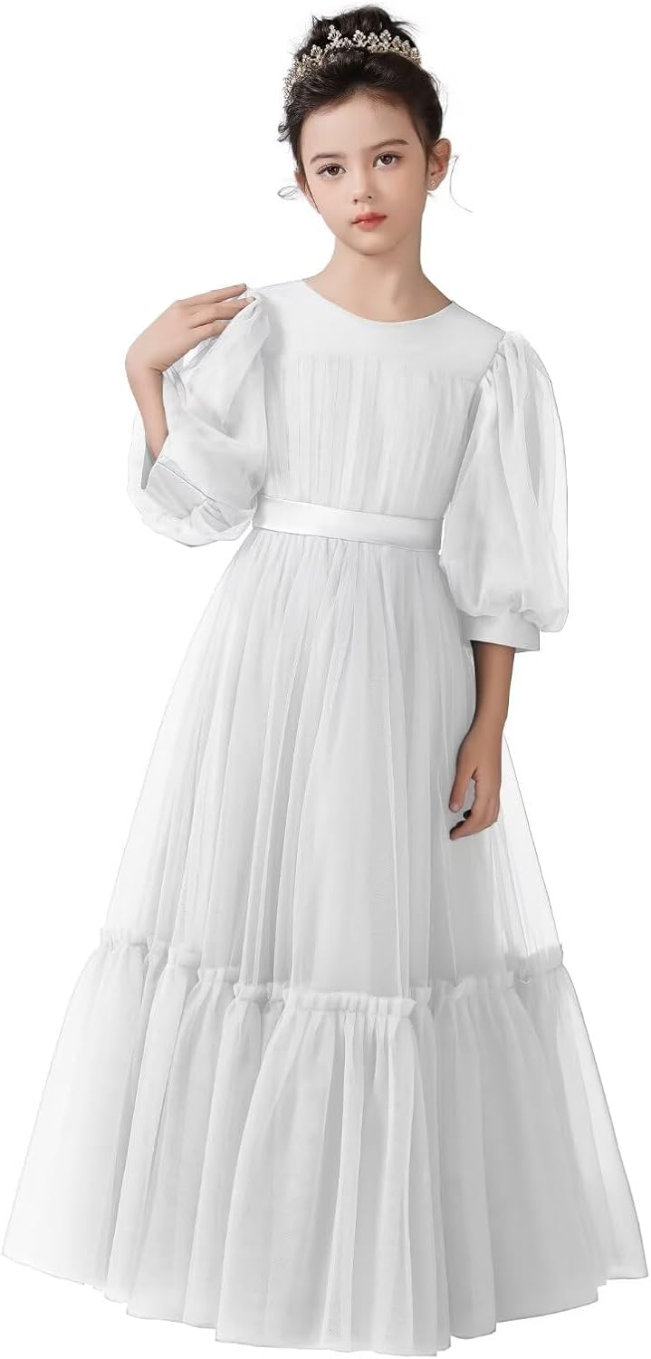 dideyttawl 3/4 Sleeves Puff Tulle All Lining Round Neck Long Flower Girl Dress for 4-16 Wedding Guest Dresses Ball Gown