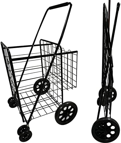 MaxWorks 50546 100 lb. Capacity Folding Shopping Cart with Dual Baskets and Swivel Wheels, Black