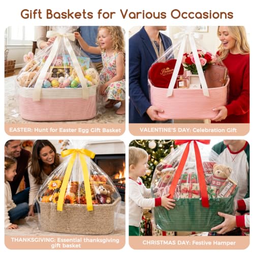 Image of OIASKET Large Empty Cotton Rope Gift Basket with Handles, 18.9 inchx13.8 inchx7.8 inch Decorative Woven Storage Basket with Gift Bag and Ribbon Set for Baby Shower, Toy Organizer for Kids, Dogs & Cats - Pink