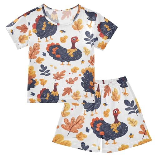 Pajama Short Sets Turkey Leaves Autumn Pattern Soft Cotton Summer Sleepwear 2 Piece PJS Size 5-14T