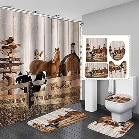 Camille&Andrew 4PCS Horse Shower Curtain Set, Cow Cattle Sheep Hen Farm Animal Brown Barn Western Country Rustic Farmhouse Bathroom Decor Waterproof Fabric Shower Curtain, Non-slip Bath Mat Toilet Rug Cover