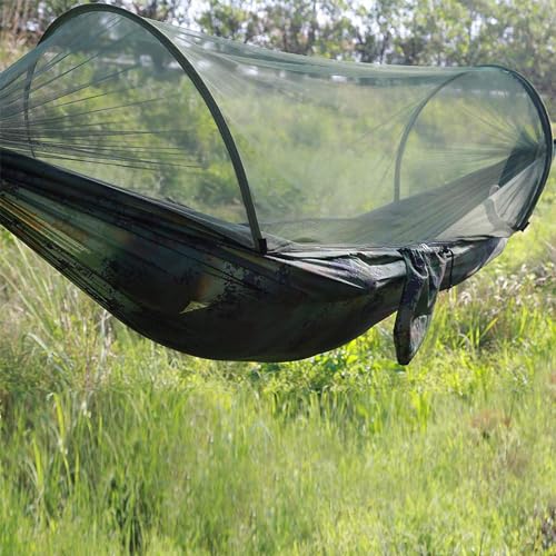 HACER Portable Outdoor Camping Hammock with Mosquito Net & Carabiner Nylon Windproof Hanging Swing for Hiking Backpacking - Army Green