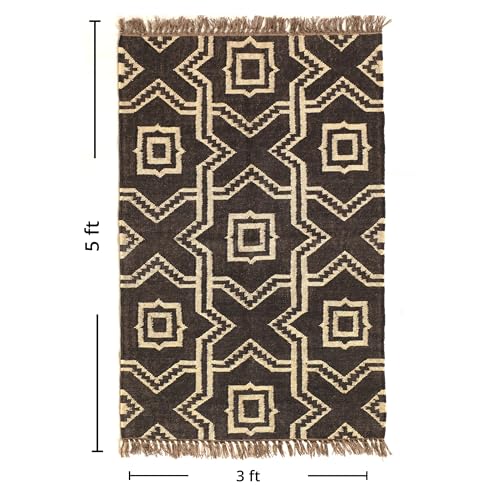 Image of Peepul Tree Handcrafted Monochrome Carpet Black & Beige | Natural Fibre Wool & Jute Rug 3x5 Ft | Geometric Print Area Rug for Home Decor & Gifting | Bedside Runners & Floor Rug| 91Cm x 152Cm