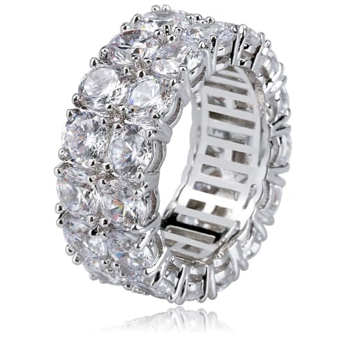 BEIBEINOYA Mens 14K Gold Plated Tungsten Ring Dual Row Inlaid Moissanite Hip Hop Bling Statement Jewelry Gift for Him Dad Boyfriend (White Gold 8)