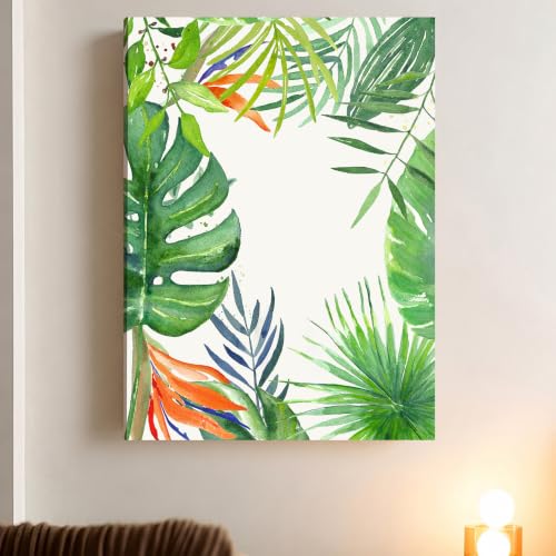 Image of PAINTINGMANTRA Tropical Green Leaves Stretched Canvas Wall Art Painting for wall decoration | Botanical Leaf Nature Inspired Painting for Living Room, Bedroom and Office, 16x22 Inch