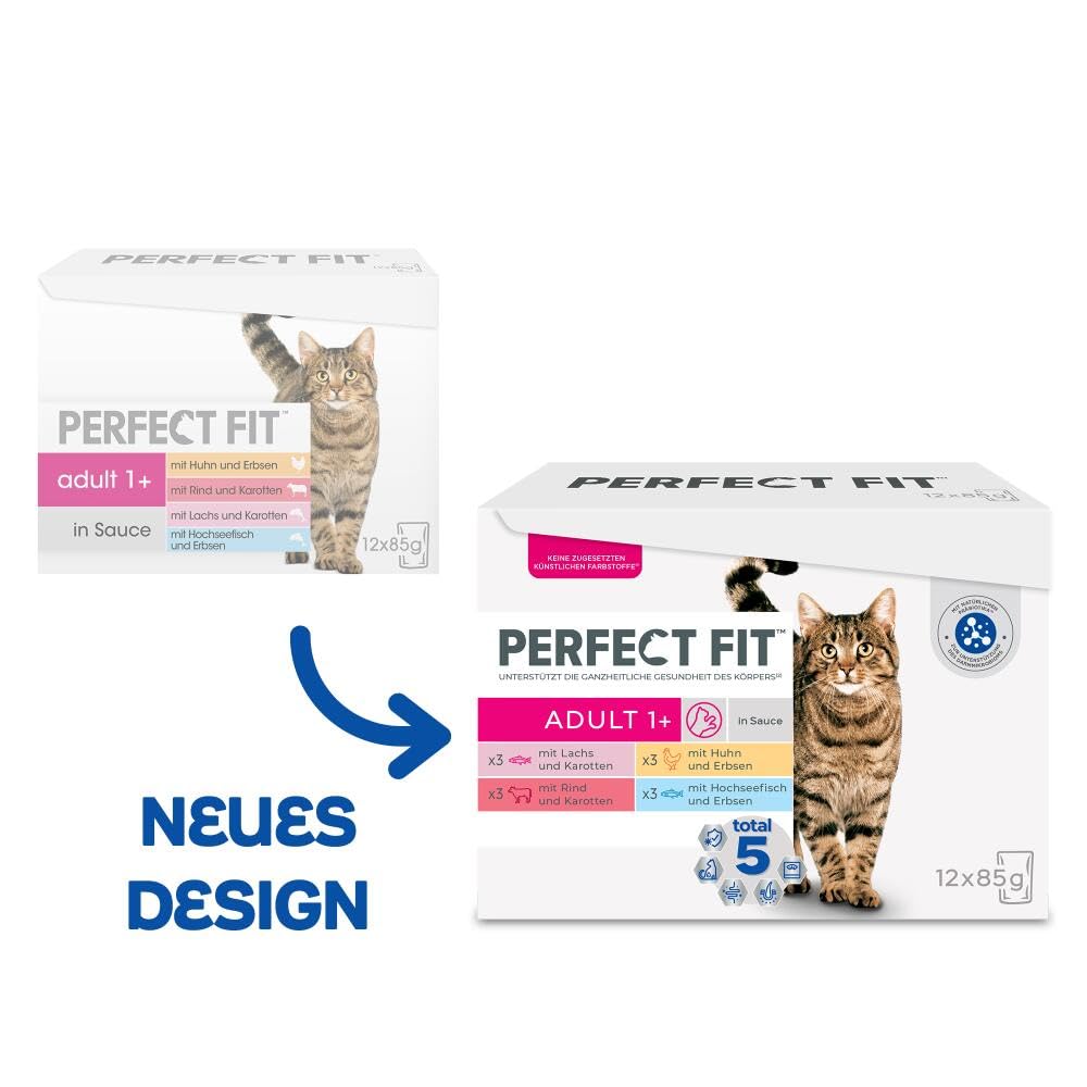 Perfect Fit Adult 1+ Katzennassfutter Auswahl mit Lachs, Hochseefisch, Rind und Huhn, 48 Portionsbeutel, 12x85g (4er Pack) – Premium Katzenfutter nass, für erwachsene Katzen ab 1 Jahr