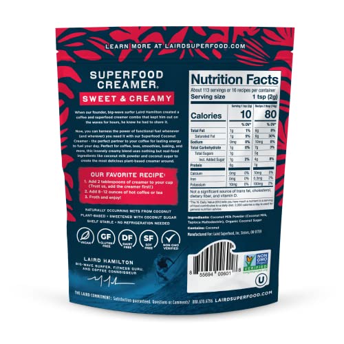 Image of Laird Superfood Non-Dairy Superfood Creamer - Coconut Powder Coffee Creamer - Sweet & Creamy - Gluten Free, Non-GMO, Vegan - 8 oz. Bag, Pack of 1