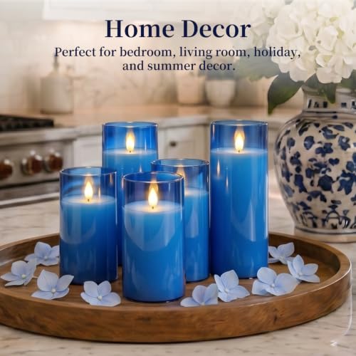 Image of Homemory Blue Flameless LED Pillar Candles with Remote Timer, Set of 9