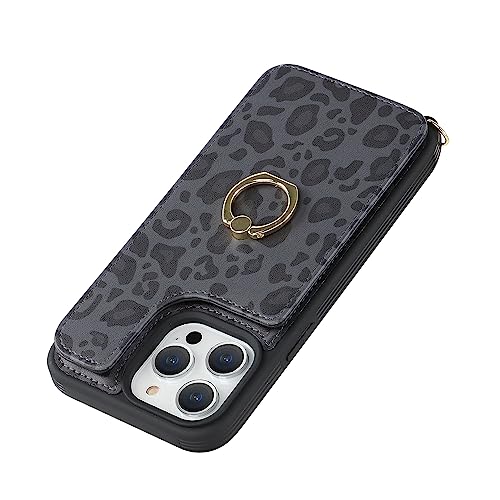 Image of for iPhone 13 Pro Case with Card Holder and Strap for Women,Crossbody Lanyard,RFID Blocking,Kickstand Ring Stand,Snap Clasp,Cute Phone Wallet Cases 6.1 inch(Black Leopard)
